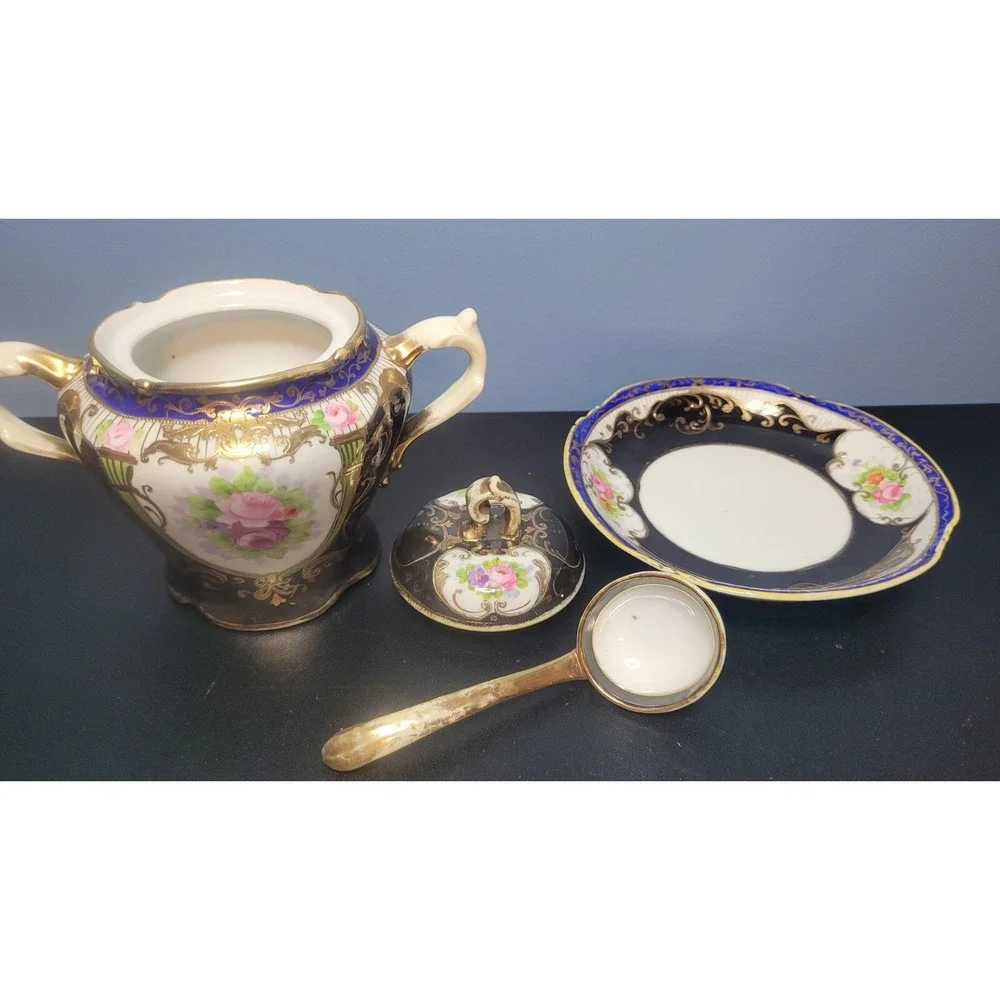 Antique Nippon Condiment Bowl Attached Underplate Hand Painted & Gilded No Spoon